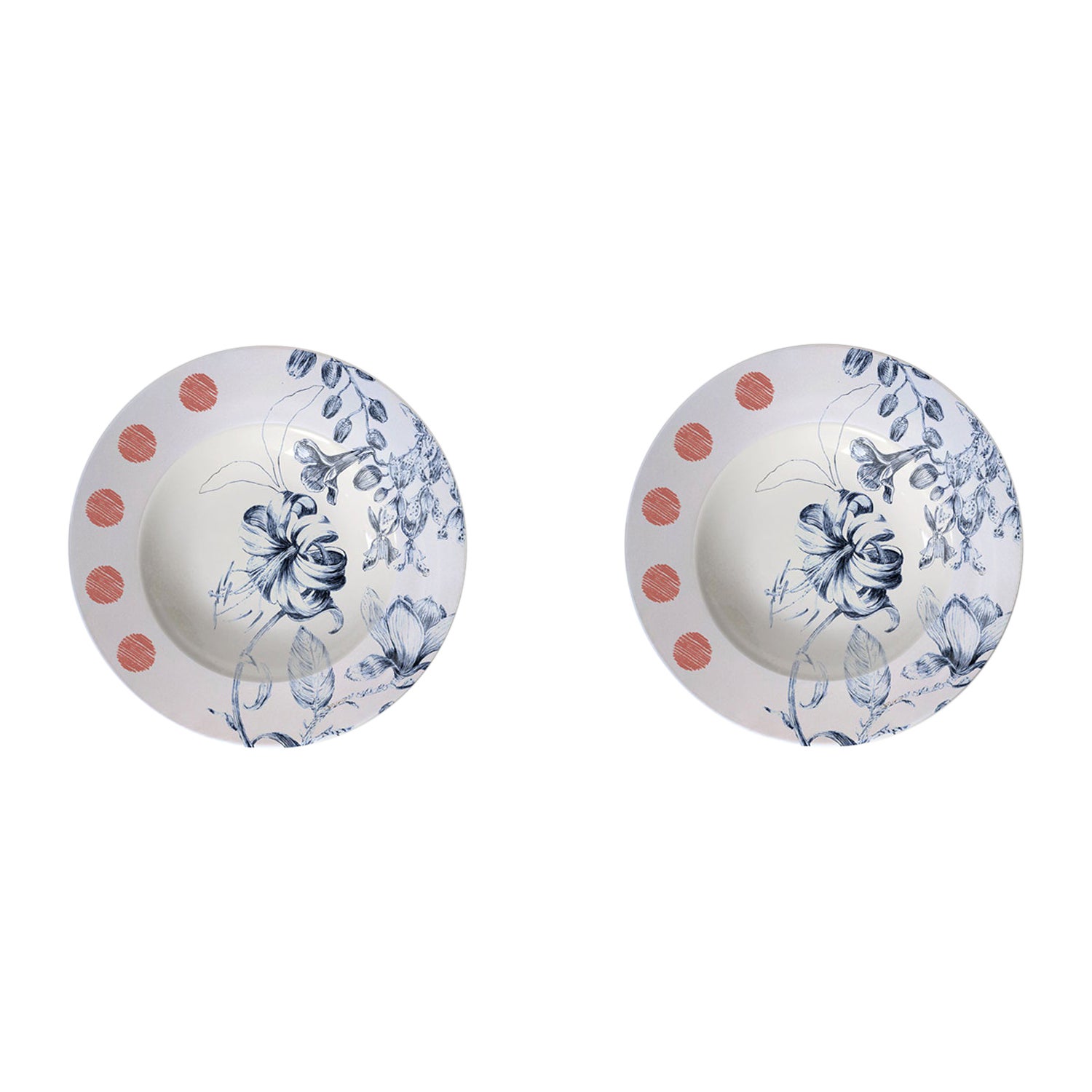 Marie Antoinette, Contemporary Porcelain Pasta Plates Set with Floral Design