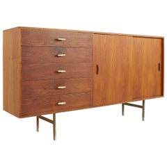 Knoll Style Mid Century Teak and Chrome Sliding Door Sideboard Credenza