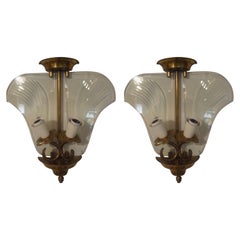 Pair of Italian Fontana Arte Style Brass and Etched Glass Sconces