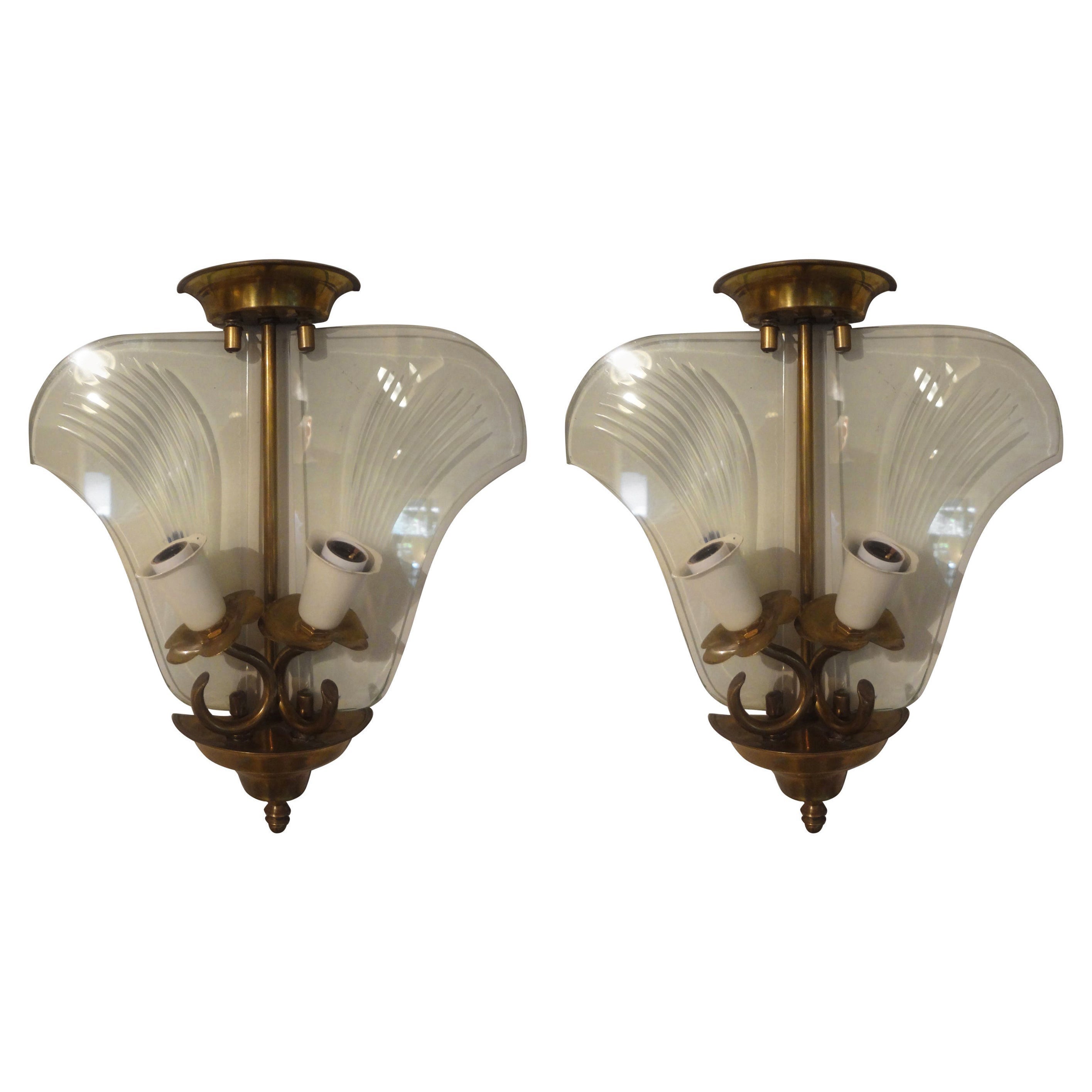 Pair of Italian Fontana Arte Style Brass and Etched Glass Sconces For Sale