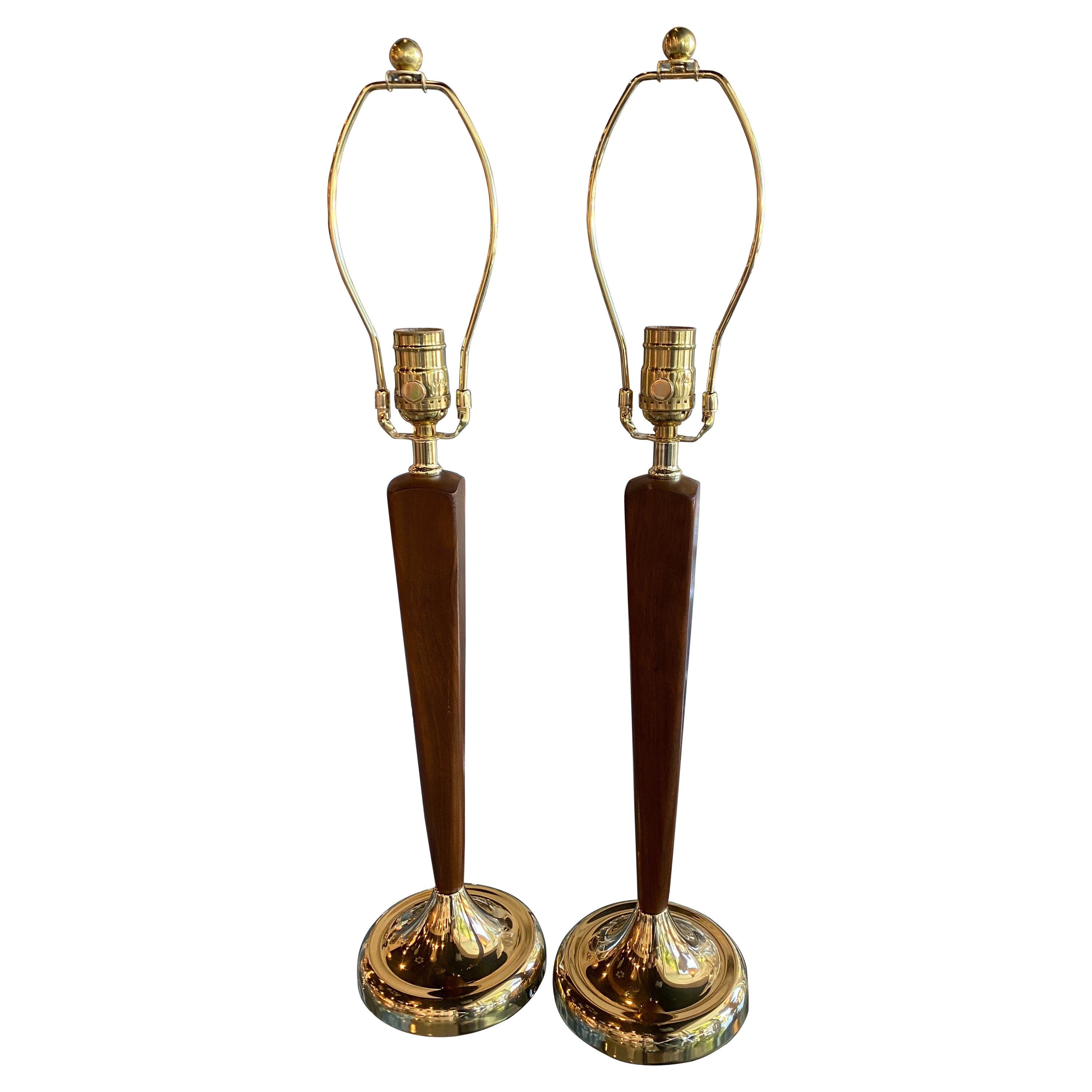 Vintage Pair Mid-Century Modern Danish Wood & Brass Table Lamps Restored For Sale