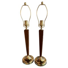 Vintage Pair Mid-Century Modern Danish Wood & Brass Table Lamps Restored