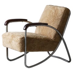 Italian Designer, Lounge Chair, Tubular Steel, Sheepskin, Wood, Italy, 1940s