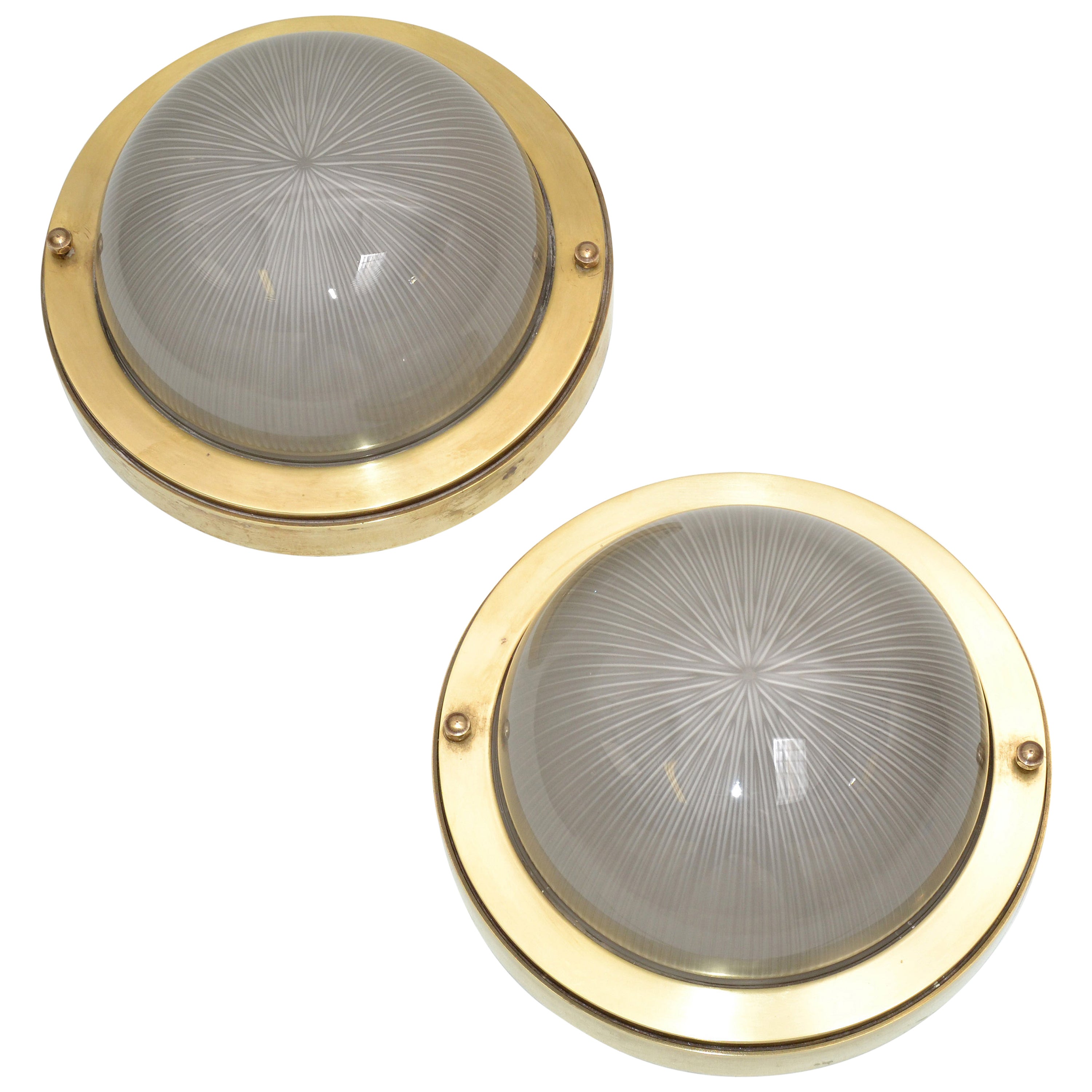 French Mid-Century Modern Holophane Glass Shade & Bronze Sconces Wall Light Pair