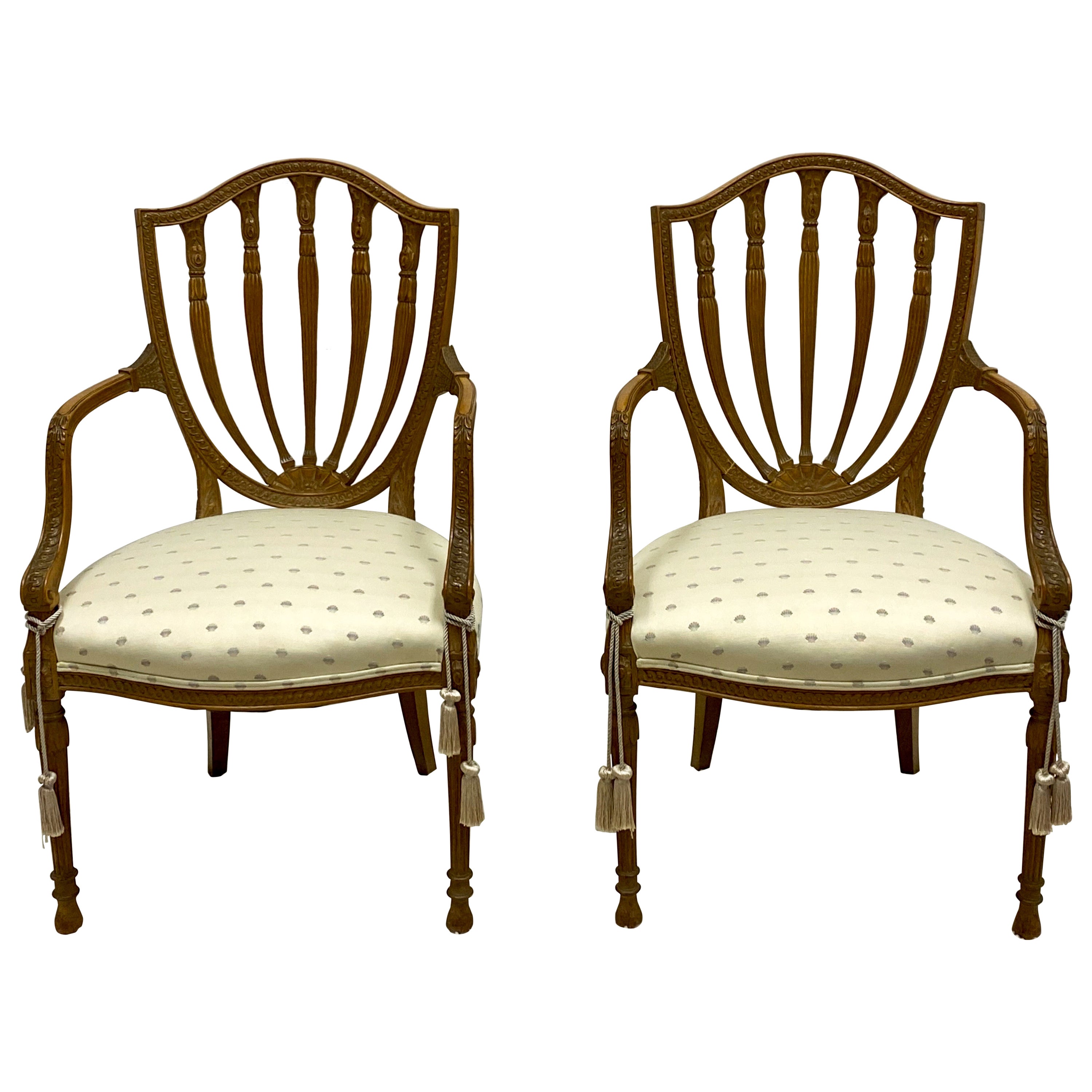 Baker Furniture Carved Fruitwood Shieldback Adam Style Chairs, Pair