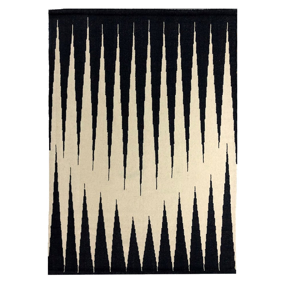 Rug 31st October Wool Black Modern Geometric  Off-White Black Dhurrie Carpet 