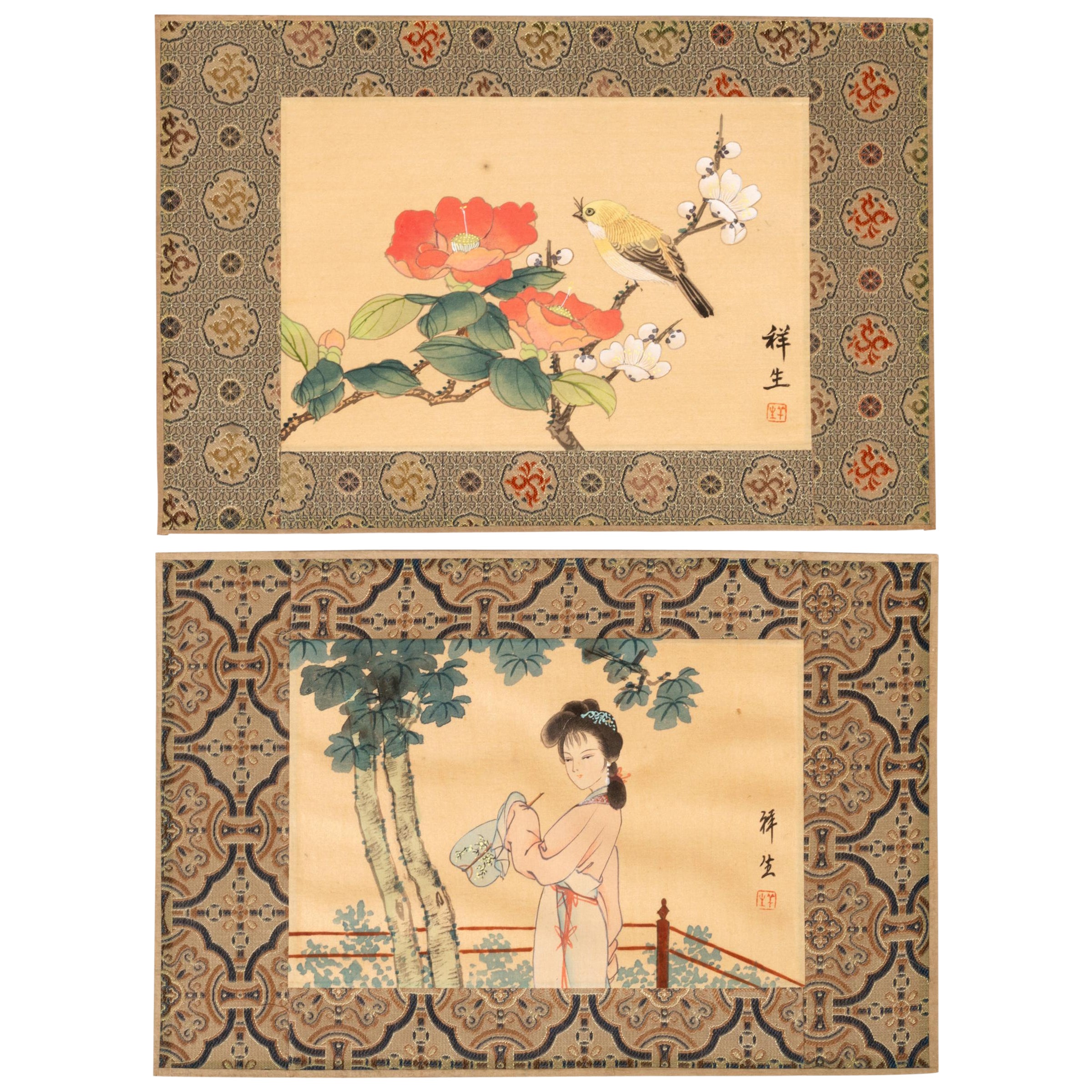 Pair of Chinese Watercolour on Silk Paintings, China, c.1940 For Sale
