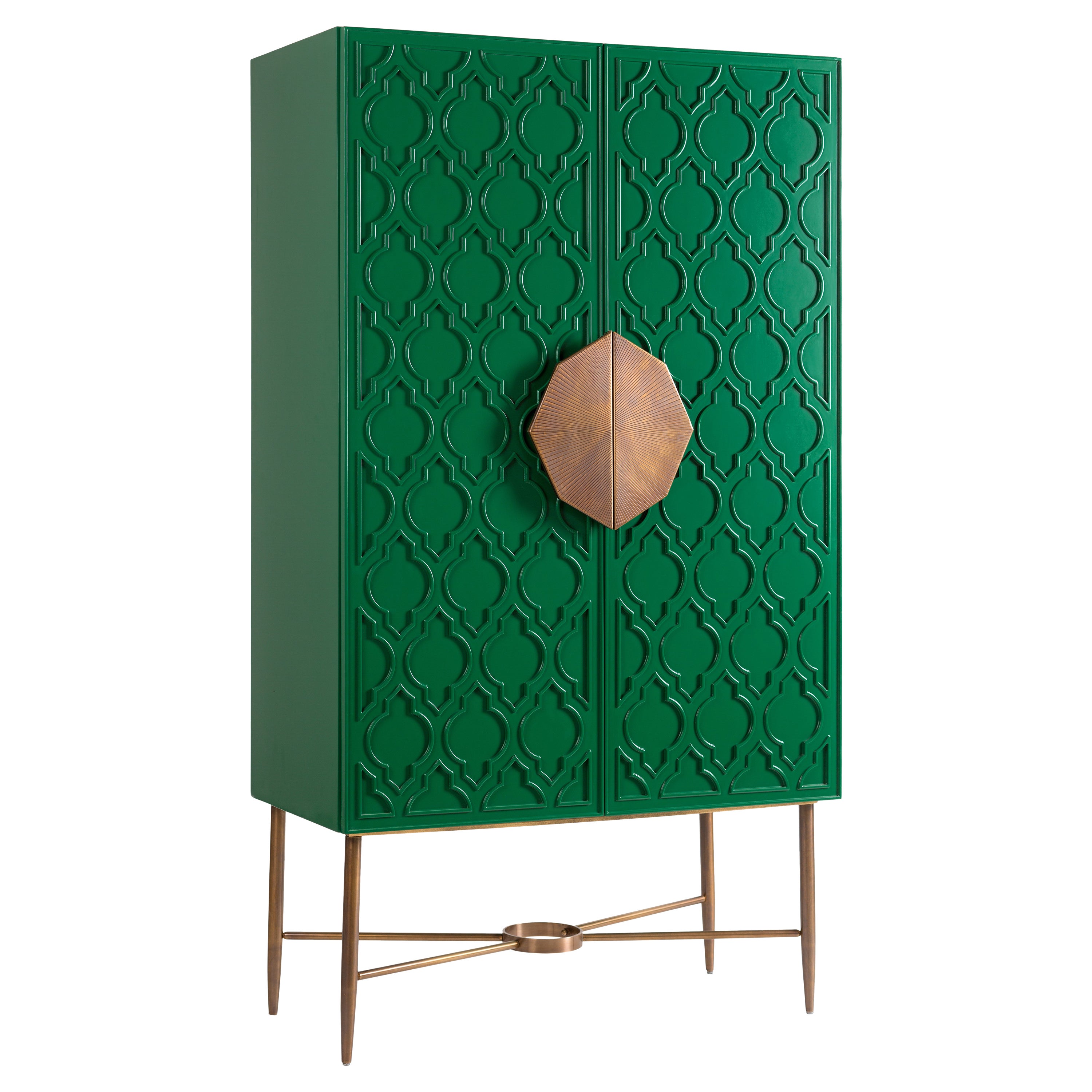 Green Lacquered Cabinet with Islamic Pattern and Hand-Crafted Brass Handle