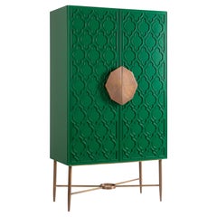 Green Lacquered Cabinet with Islamic Pattern and Hand-Crafted Brass Handle