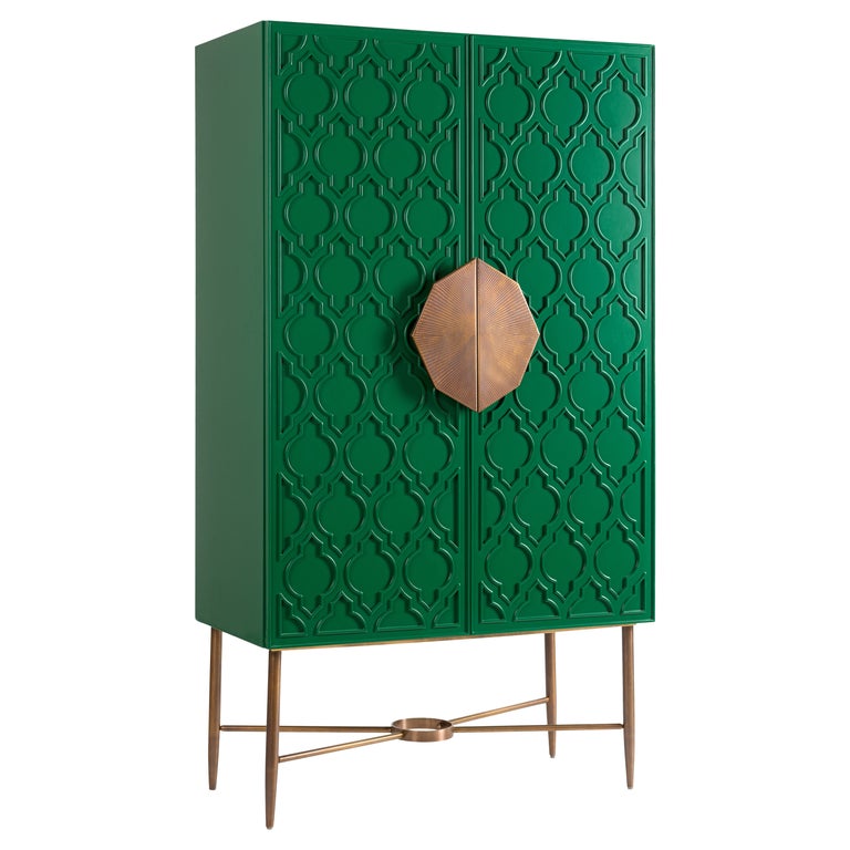 Green Lacquered Cabinet with Islamic Pattern and Hand-Crafted Brass Handle For Sale