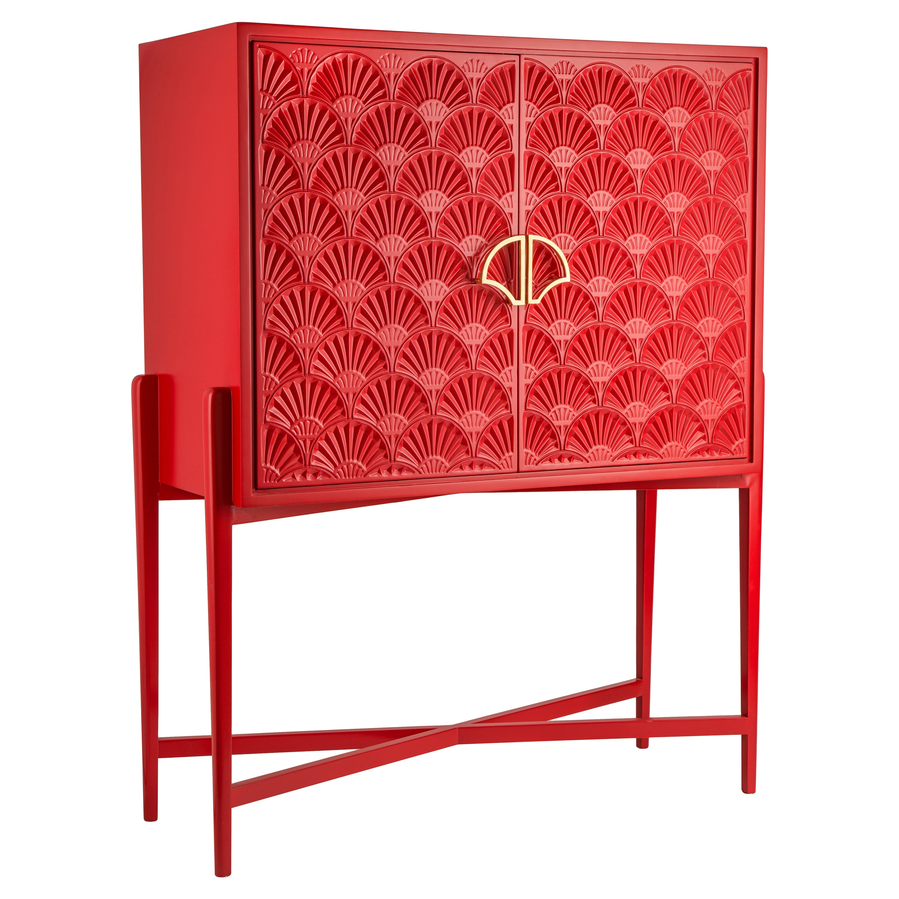 Red Lacquered Cocktail Cabinet with Carved Lotus Motif and Brass Lotus Handle
