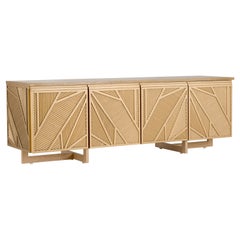 Mueble de TV geométrico de palos de roble inspirado en el antiguo Egipto Uso de ramas de palmera