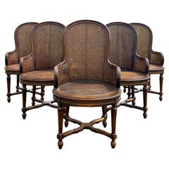 French Louis XVI Style Carved Wood & Cane Balloon Dining Arm Chairs, Set of 6