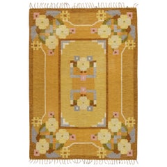 Mid-20th Century Swedish Yellow Flat-Weave Wool Rug Signed by Ingegerd Silow
