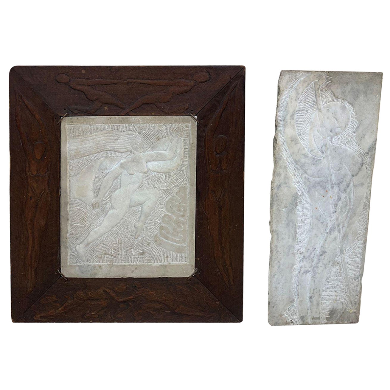 Pair of Art Deco Marble Framed Nude Wall Plaques Circa 1936 Signed Knute