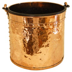 Used English Victorian Copper Riveted Coal Bucket with Iron Swing Handle