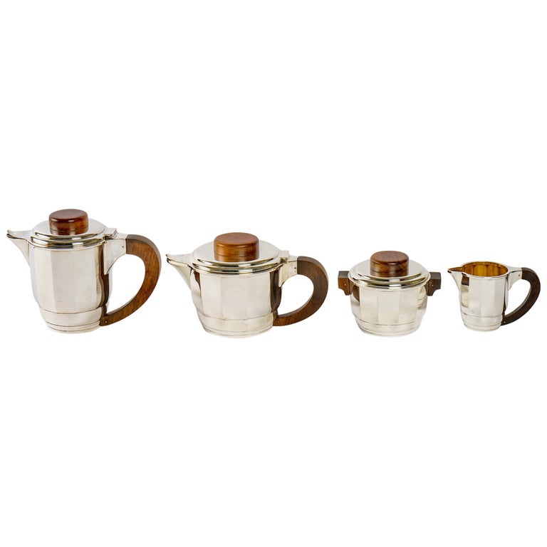 1925 Puiforcat, Tea and Coffee Set in Sterling Silver and Rosewood For Sale