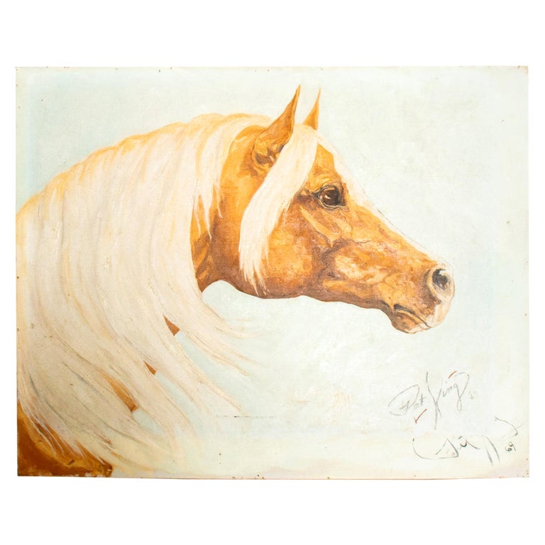 Pensive Palomino Horse Oil on Canvas Painting Signed Pat King 1969 Art Work