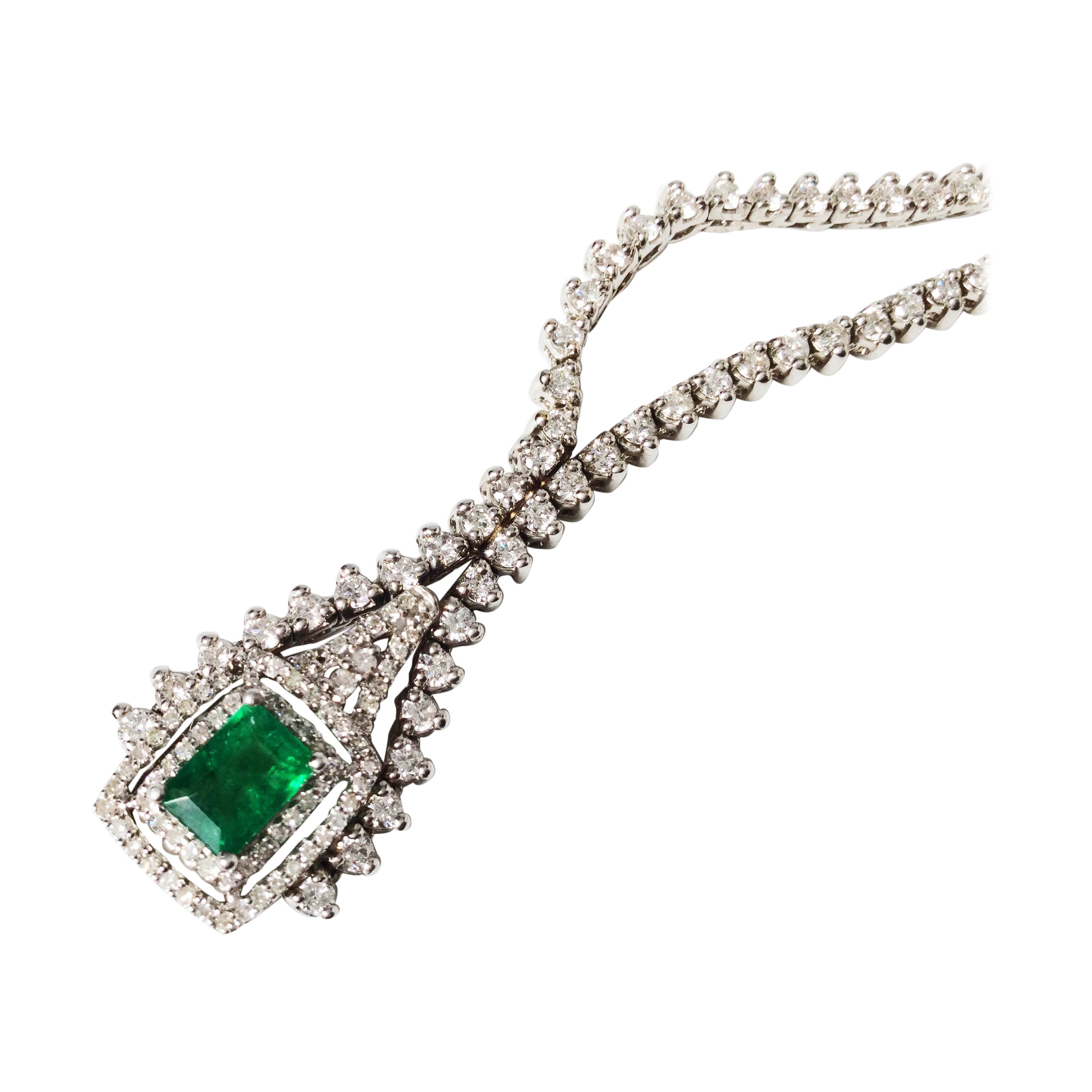 18K White Gold Diamond and Emerald Estate Necklace For Sale