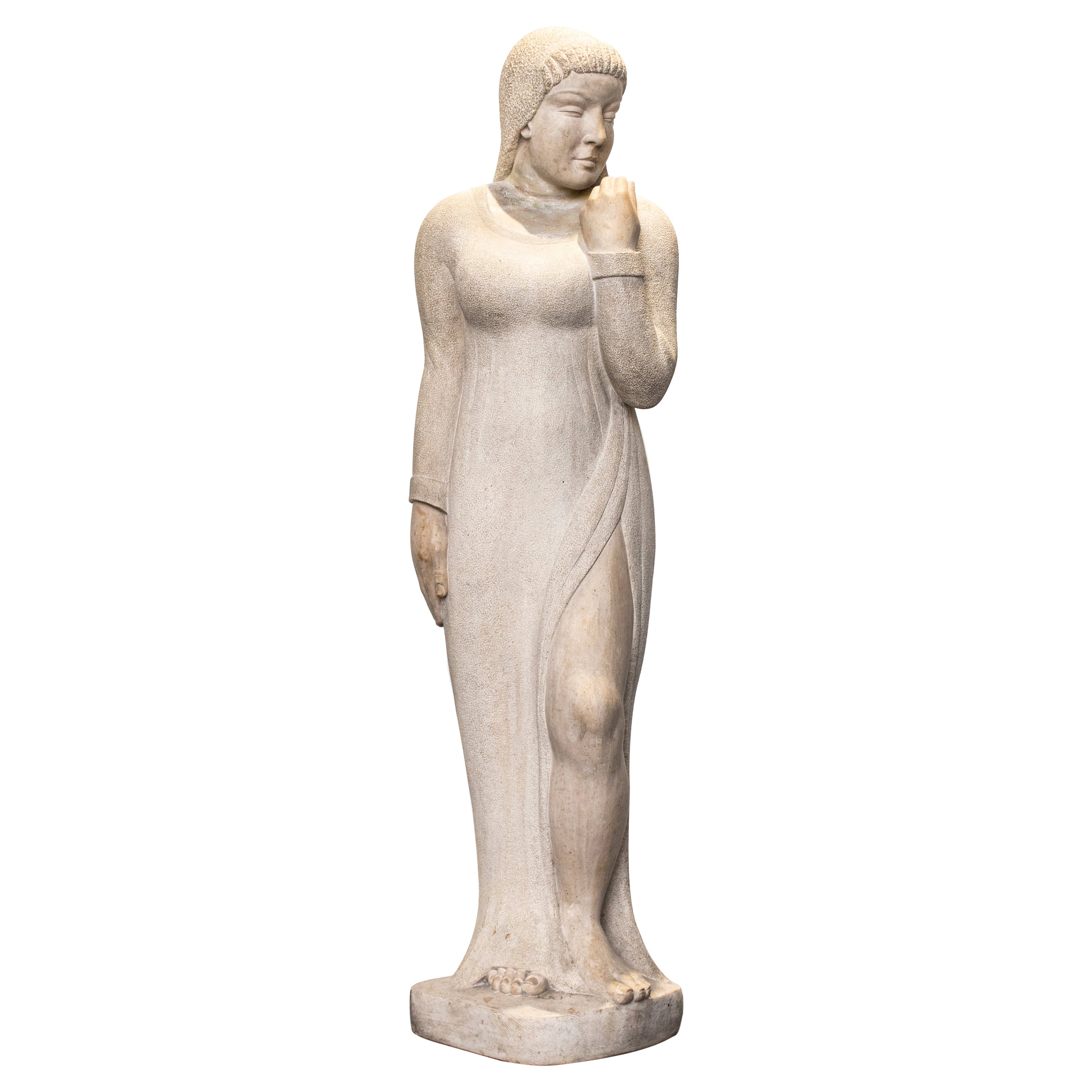'Kahan' Modernist Signed Carved Stone Woman Sculpture