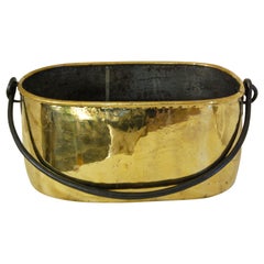 Antique Dutch Mid 19th Century Oval Brass Cooking Cauldron with Wrought Iron Handle