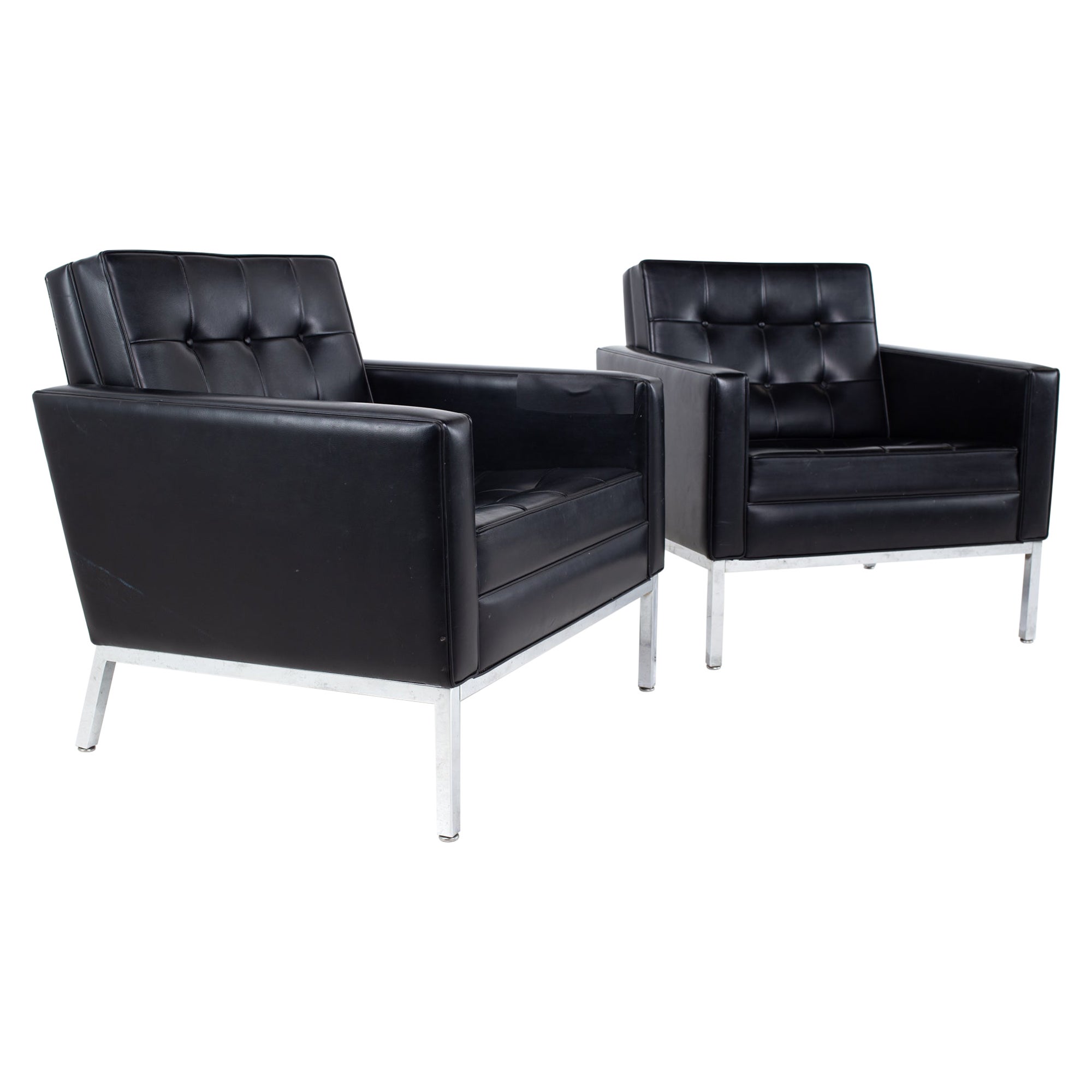 Florence Knoll Style MCM Black Leather and Chrome Club Lounge Chairs - Pair