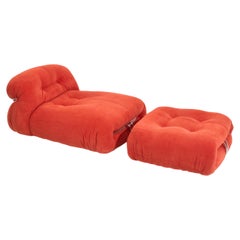 Afra & Tobia Scarpa 'Soriana' Chaise Lounge Chair with Ottoman in Red Corduroy