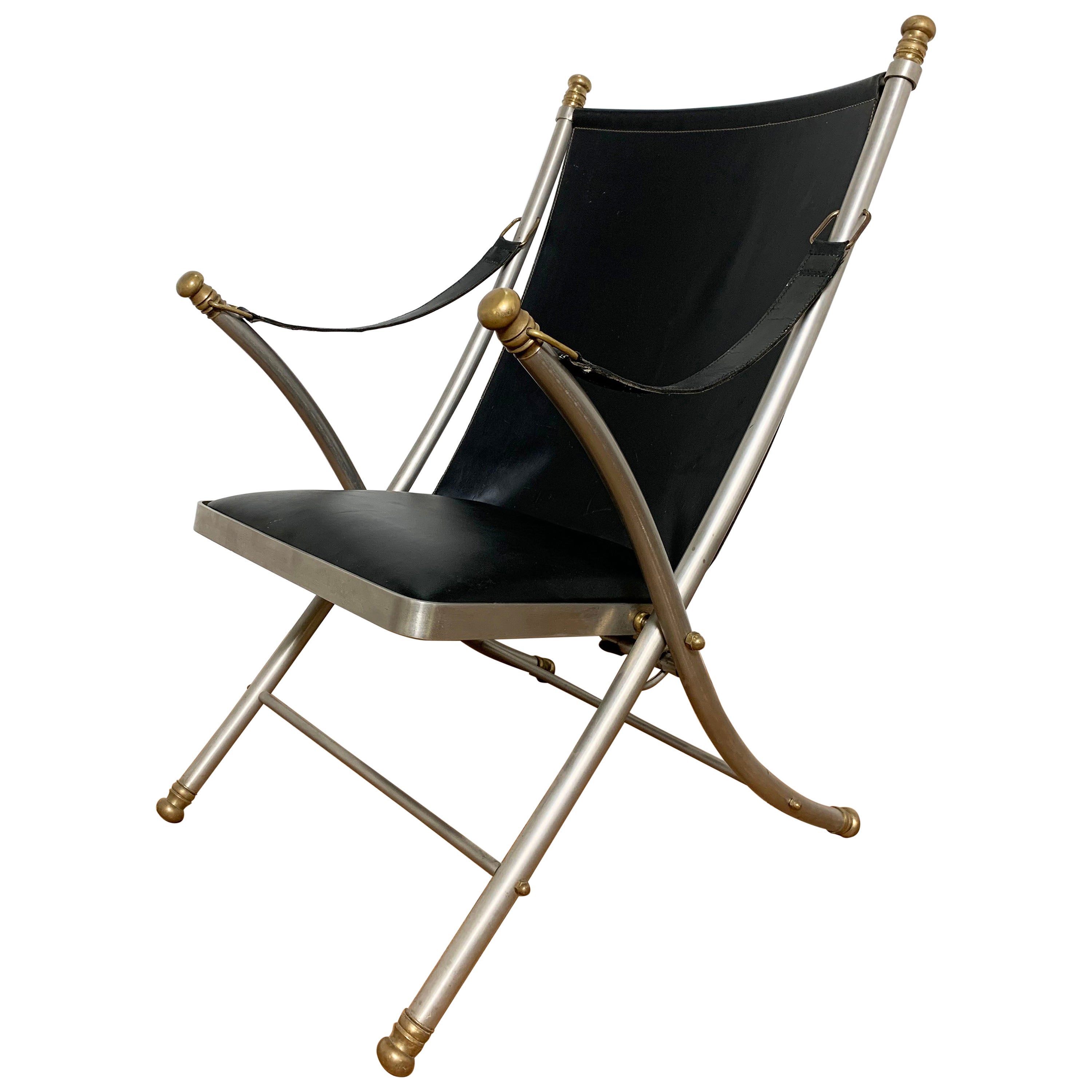 Campaign-Stuhl aus Leder im Stil von Maison Jansen, ca. 1960er Jahre im Angebot