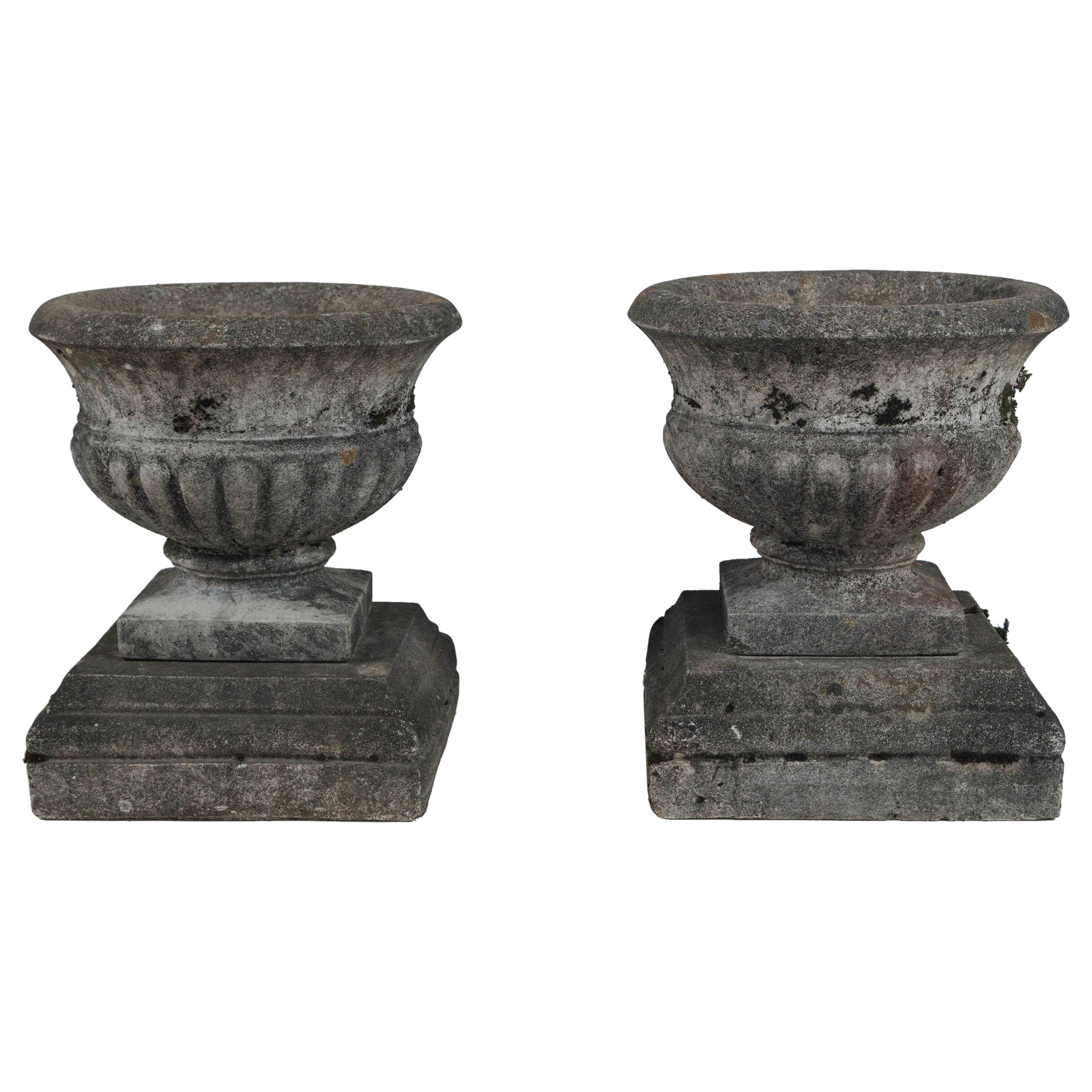 Pair of Antique Cast Stone Garden Urns on Bases, circa 1920