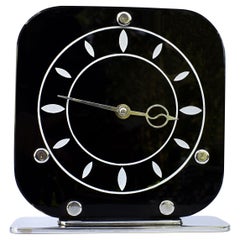 Vintage Art Deco Black Vitrolite & Chrome Mantle Clock, English, c1930