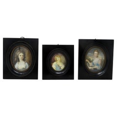 Ancienne paire d'aquarelles françaises miniatures peintures portrait dame cadres en ébène