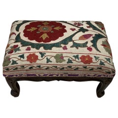 Antique Suzani Hand Carved Foot Stool