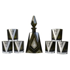 Art Deco Czech Olive Glass & Enamel Decanter Set, c1930