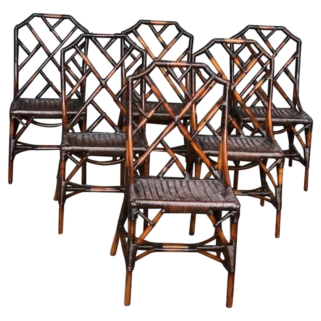MCM Rattan / Cane Dining Table & 6 x Chippendale Style Chairs, Angraves 1970s For Sale