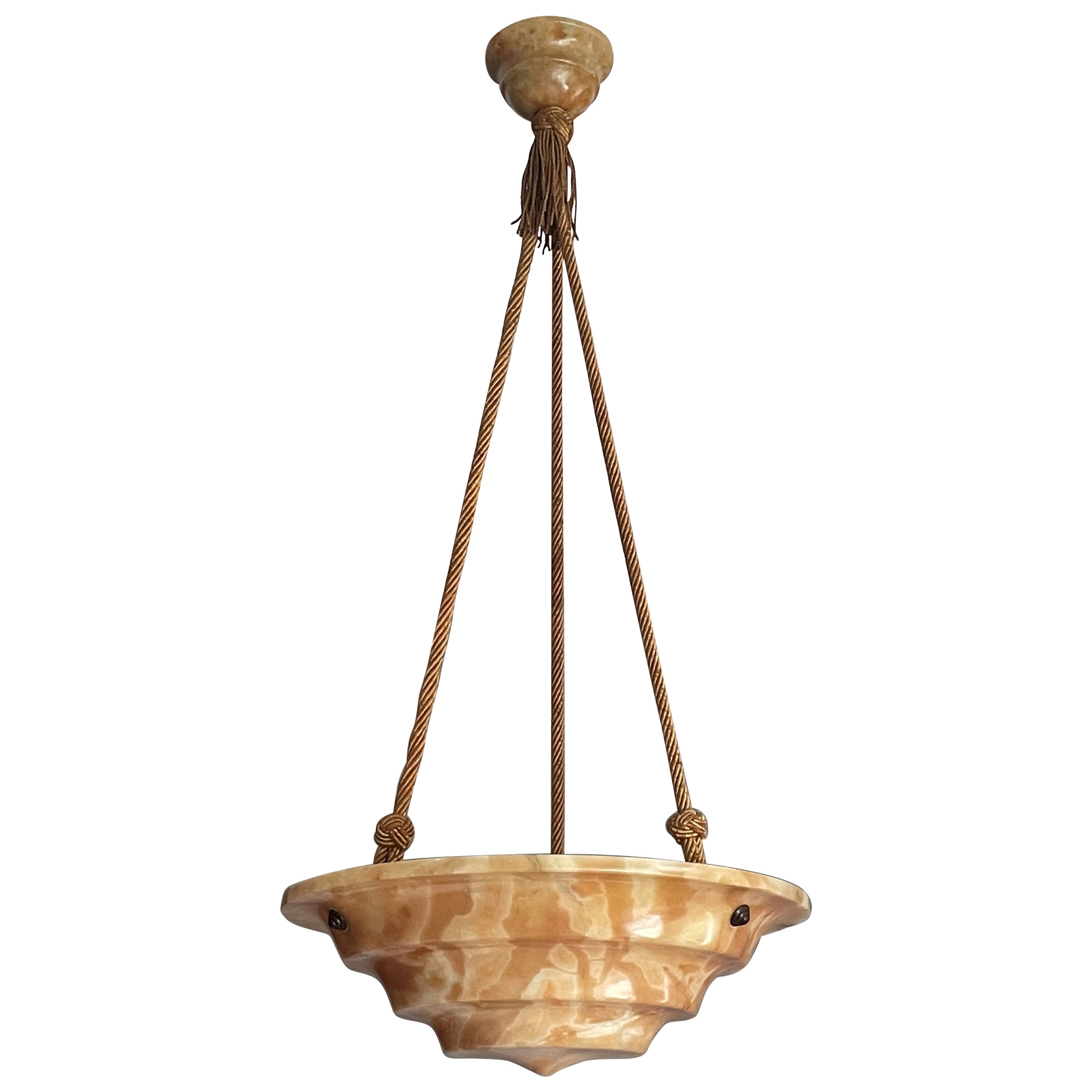 Art Deco Alabaster Pendant / Chandelier with Perfect Canopy & Dito Original Rope For Sale