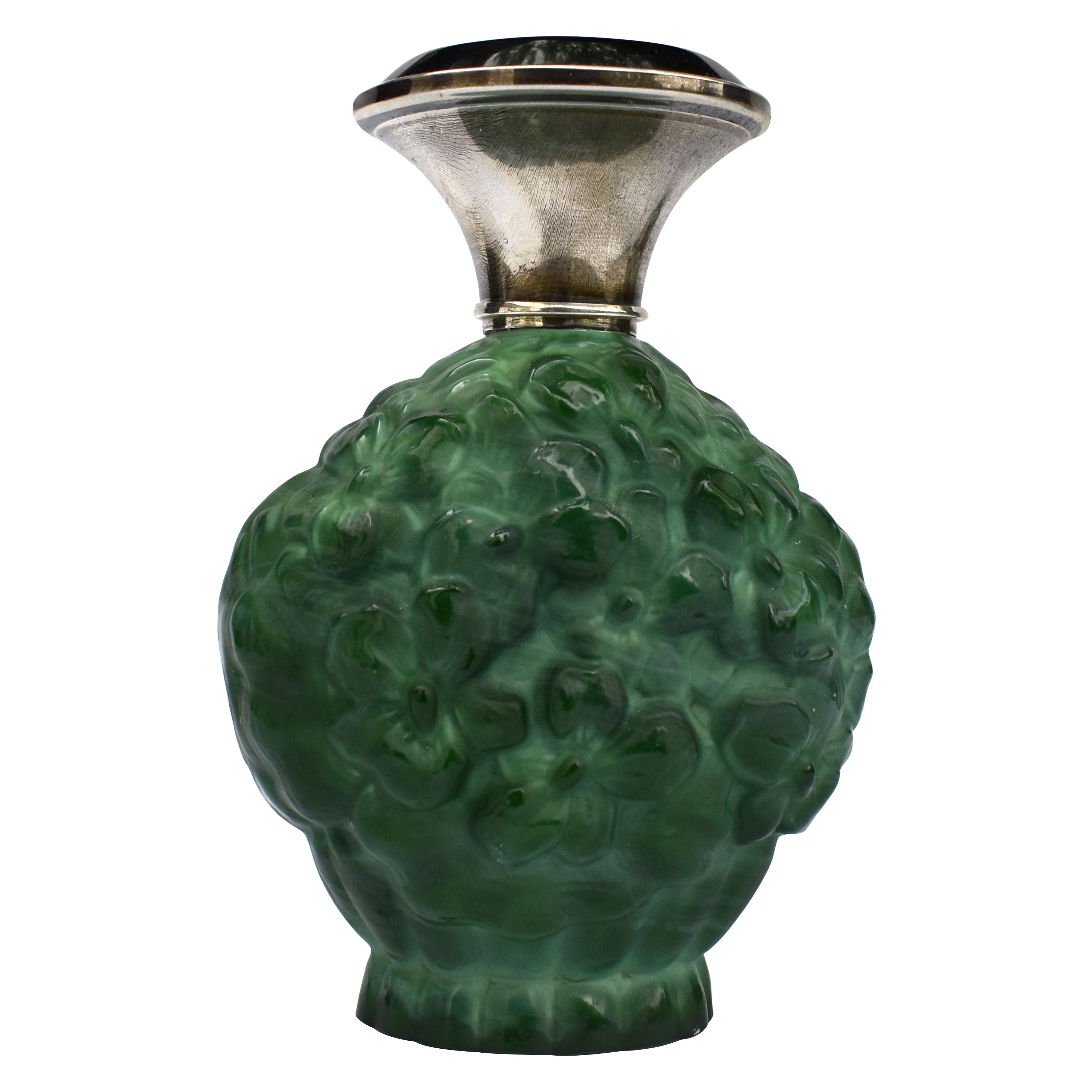 Art Deco Green Malachite Glass & Silver Perfume Bottle, c1930