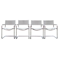 Retro Italy Light Grey Leather Dining Chairs Armchairs Cantilever Set of 4