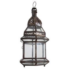 Handcrafted Moroccan Hanging Metal and Glass Lantern