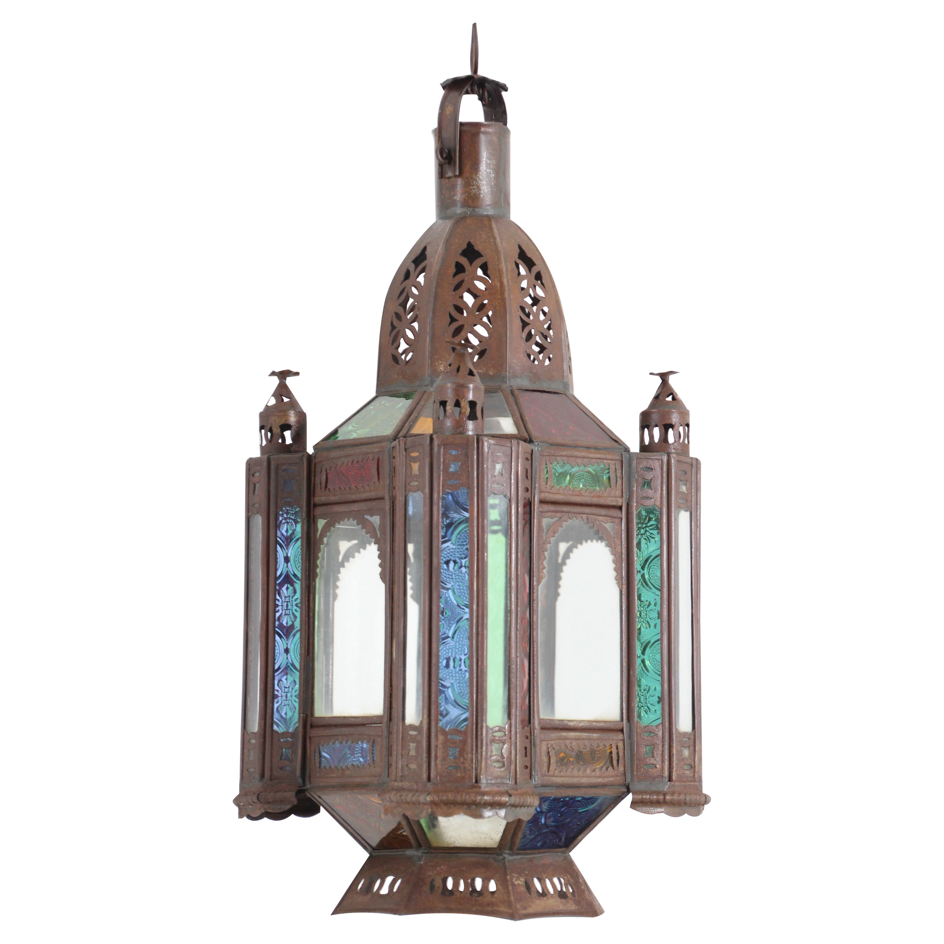 Vintage Moroccan Moorish Metal and Stained Glass Lantern or Pendant For Sale