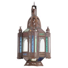 Vintage Moroccan Moorish Metal and Stained Glass Lantern or Pendant