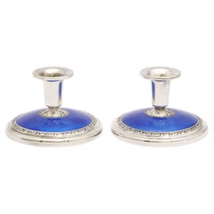 Art Deco Pair of Sterling Silver and Dark Blue Guilloche Enamel Candlesticks