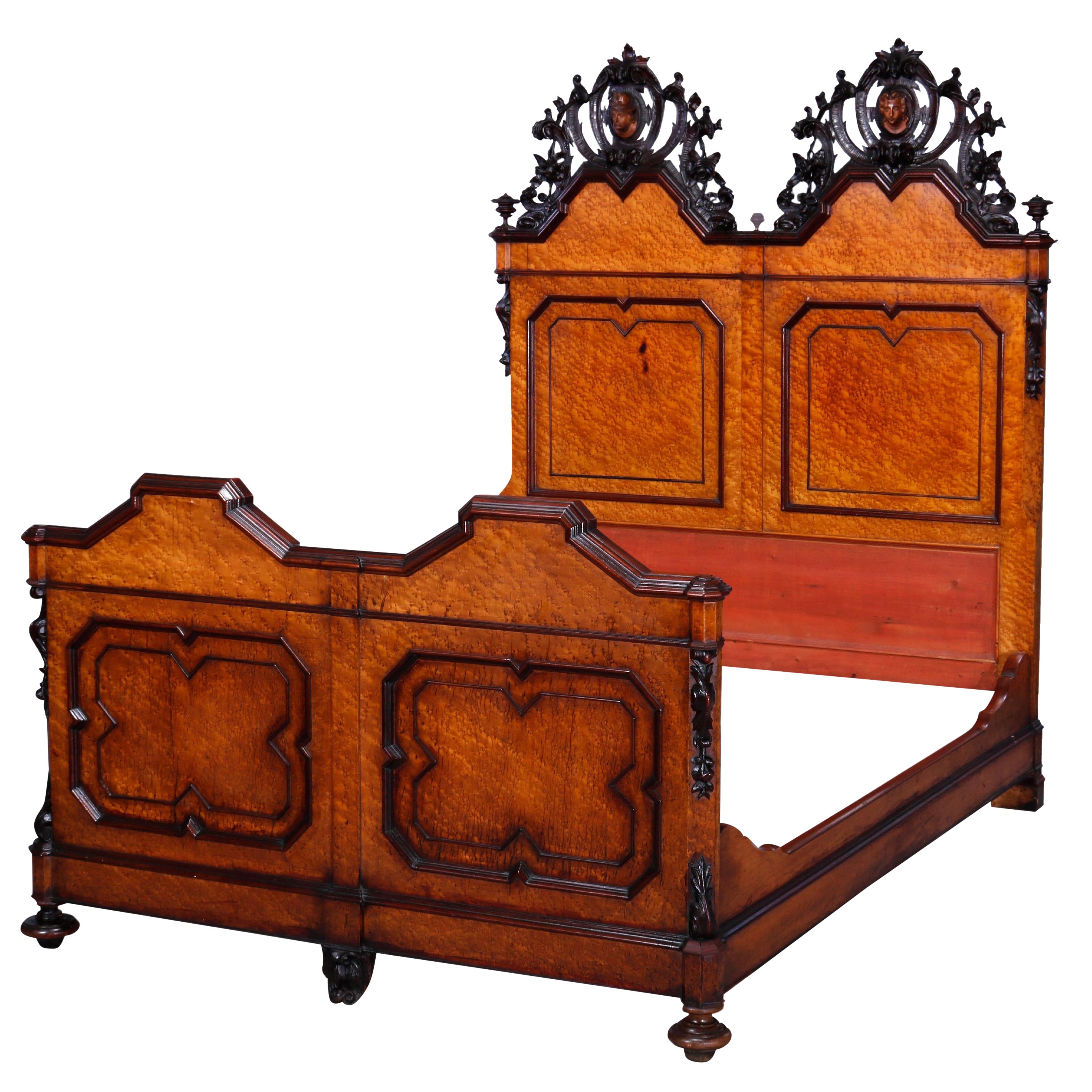 Antique Rococo Revival Birdseye Maple & Figural Carved Walnut Full Size Bed 1860