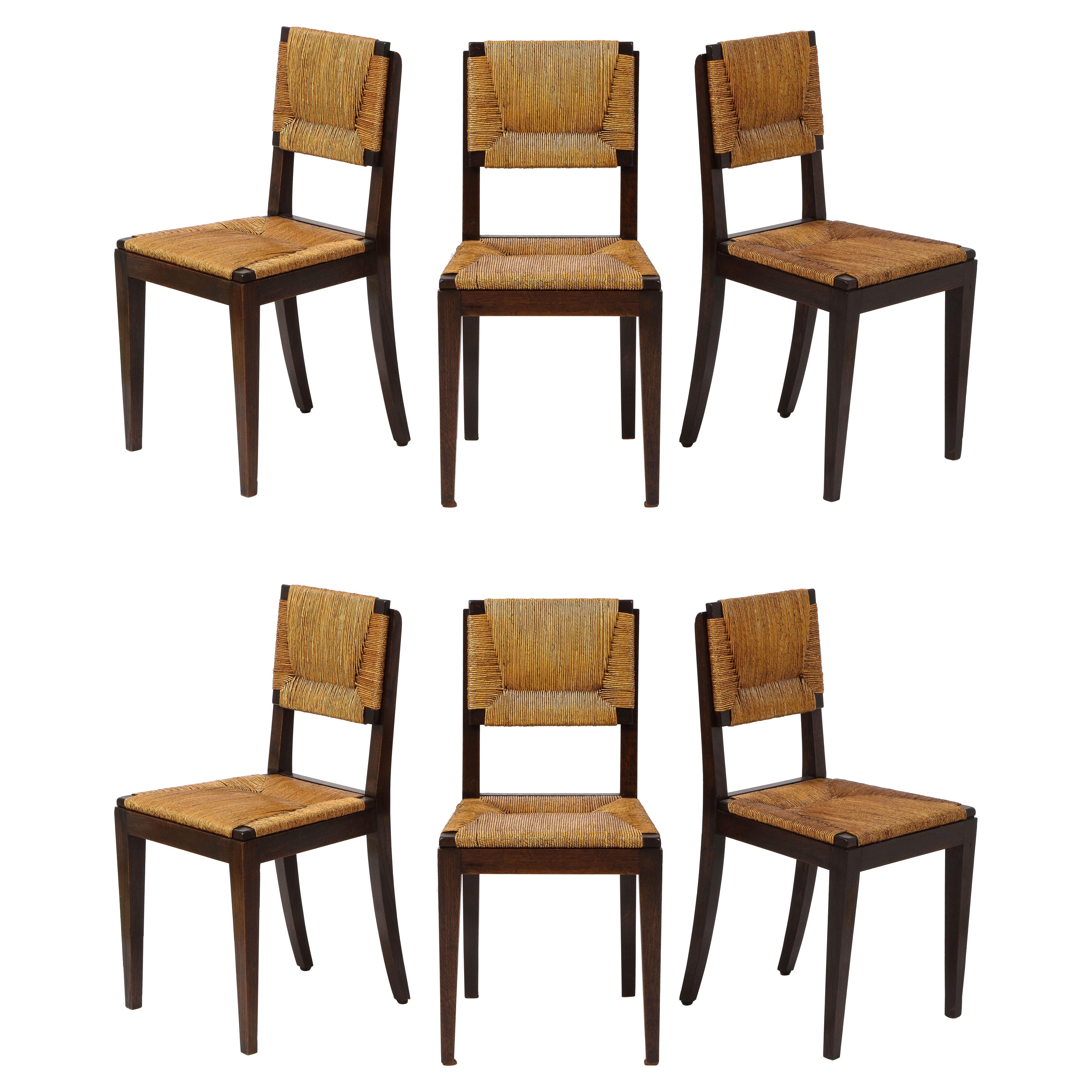 Set of Six Oak & Rush Side Chairs Attributed to Courtray, France 1950's For Sale