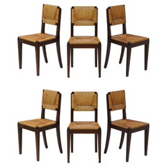 Set of Oak & Rush Side Chairs Attributed to Courtray, France 1950's