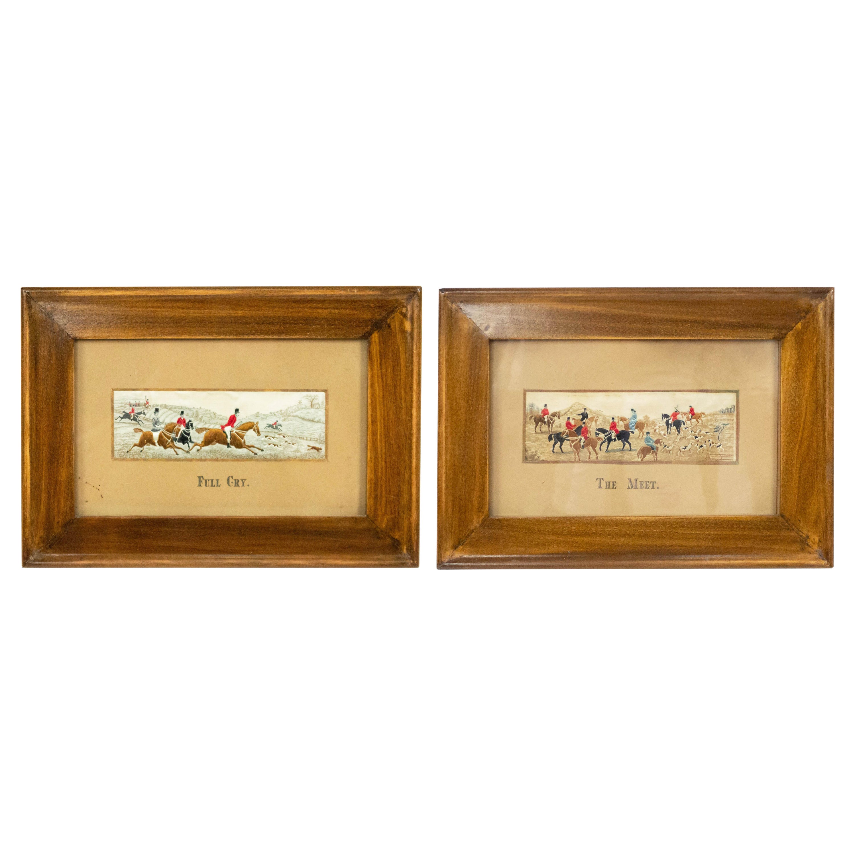 Pair of English Victorian Stevengraph Embroidered Hunt Scenes For Sale
