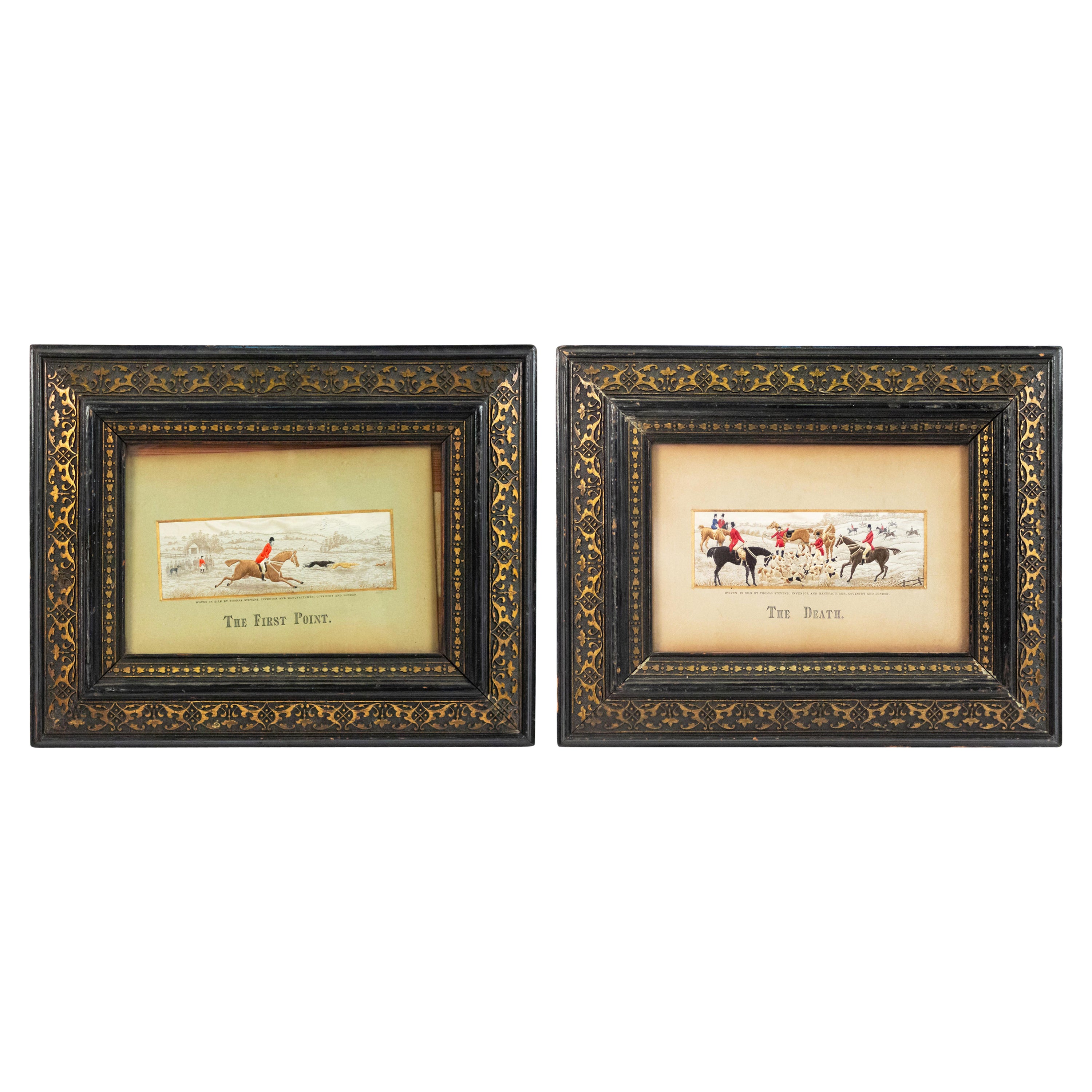 Pair of Victorian Stevengraph Silk Embroidered Equestrian Hunting Scenes For Sale