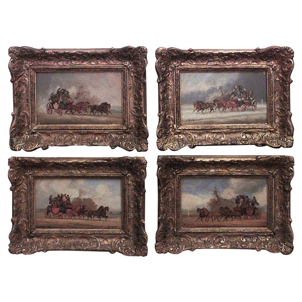 Ensemble de 4 peintures à l'huile encadrées représentant des scènes de Coach (signées Rowland)