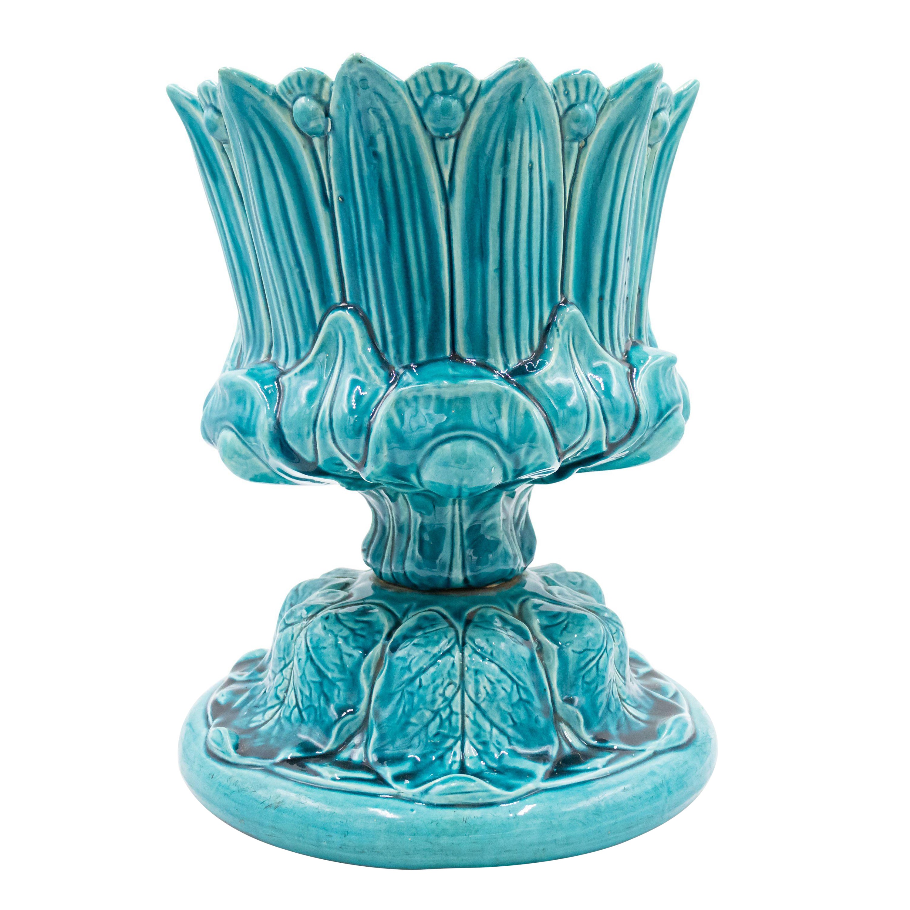 Centre de table anglais Arts & Crafts en porcelaine turquoise