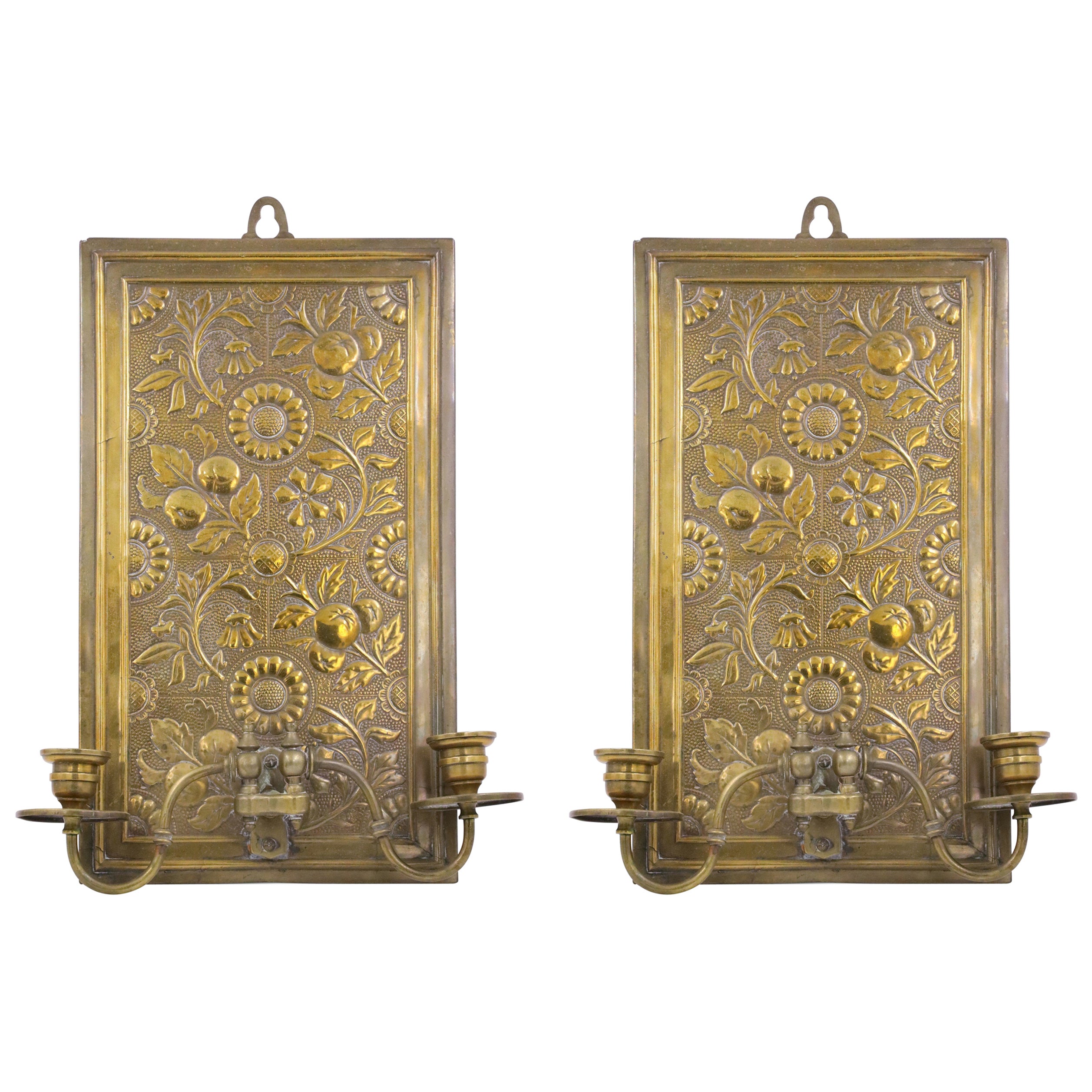 Pair of English Arts & Crafts Floral Embossed Brass Wall Sconces For Sale