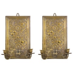 Antique Pair of English Arts & Crafts Floral Embossed Brass Wall Sconces